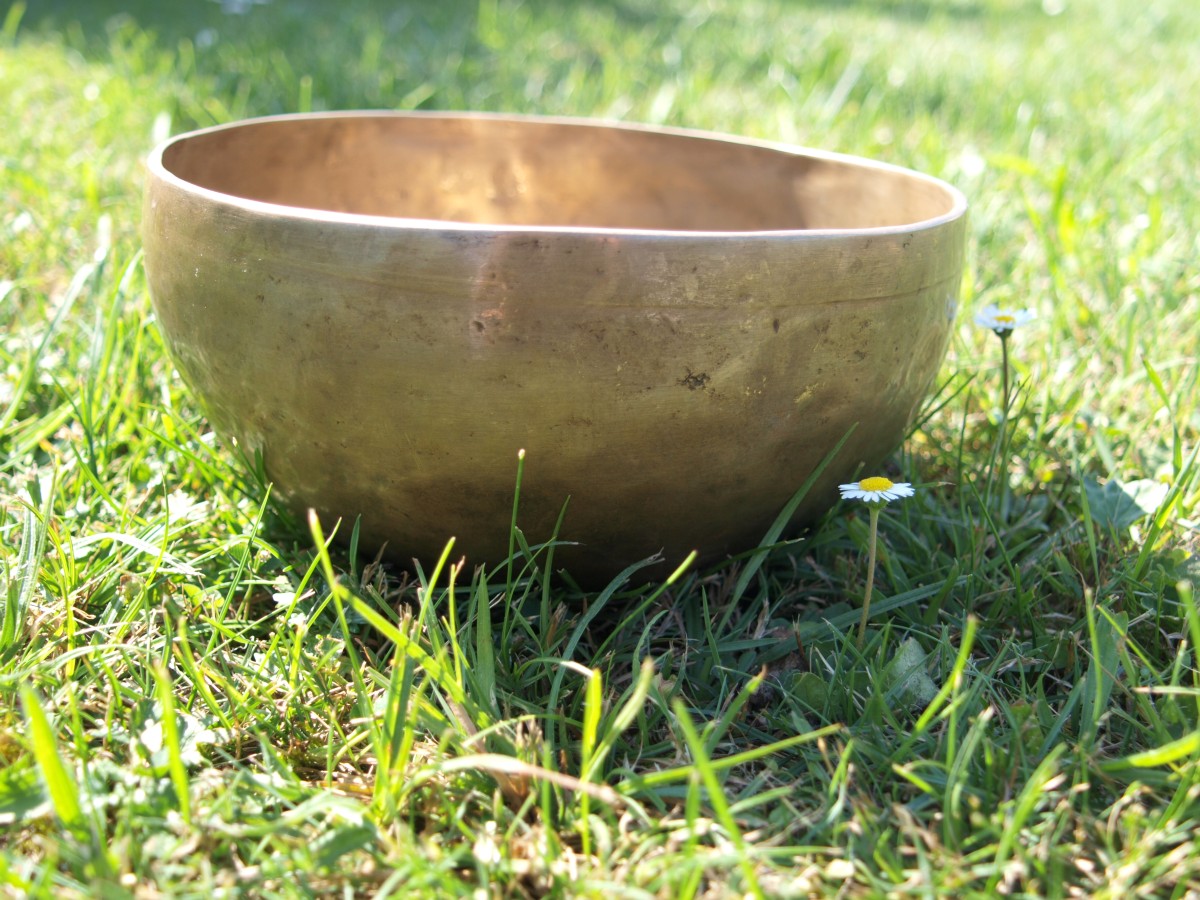 Eine goldene Klangschale steht im sonnigen Gras — Symbol für Klangschalentherapie.